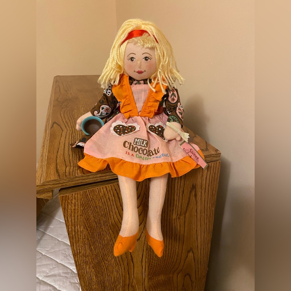 Milk Chocolate Shelf Sitter Rag Doll with Orange Dress
